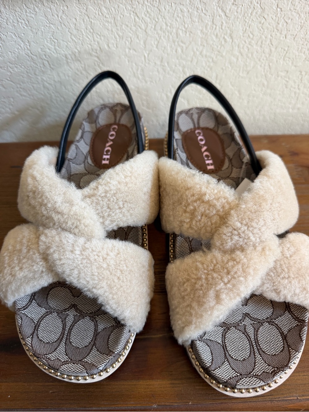 Coach Cream Shearling Crisscross Slingback Sandals with Monogram Footbed